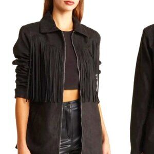NWT WeWoreWhat Faux Suede Fringe Jacket in Black XS